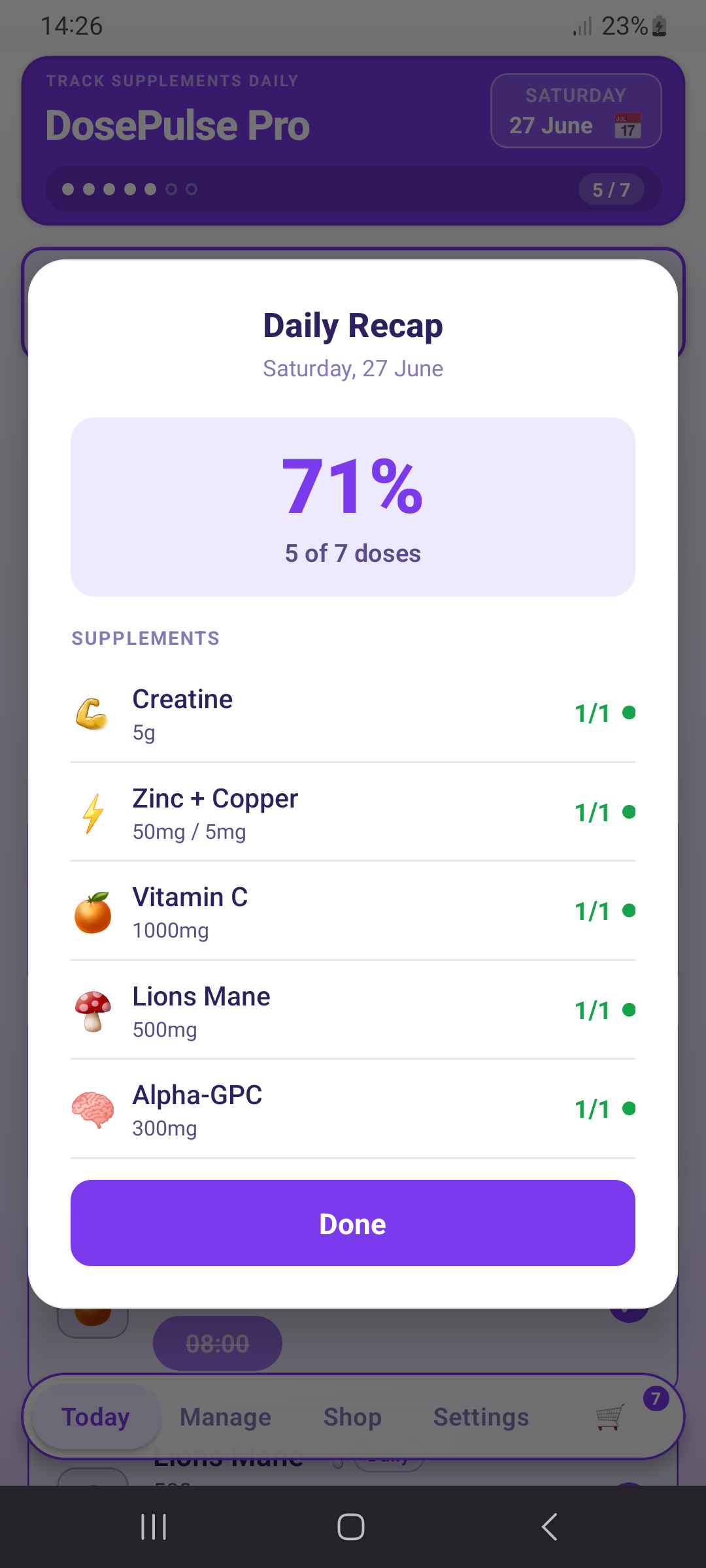Daily recap — 5 of 7 doses